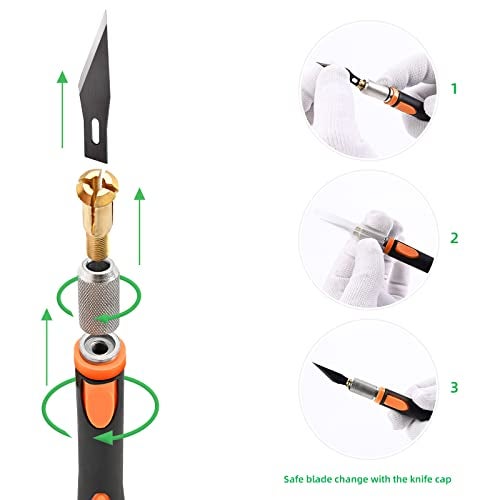 FOSHIO 2 Pack Precision Craft Knife Set with 20 Pieces Replacement Blades, Ergonomic Non-Slip Handle Hobby Knife with Protective Cover for Art, Craft Scrapbooking, Stencil (Orange) - Image 3