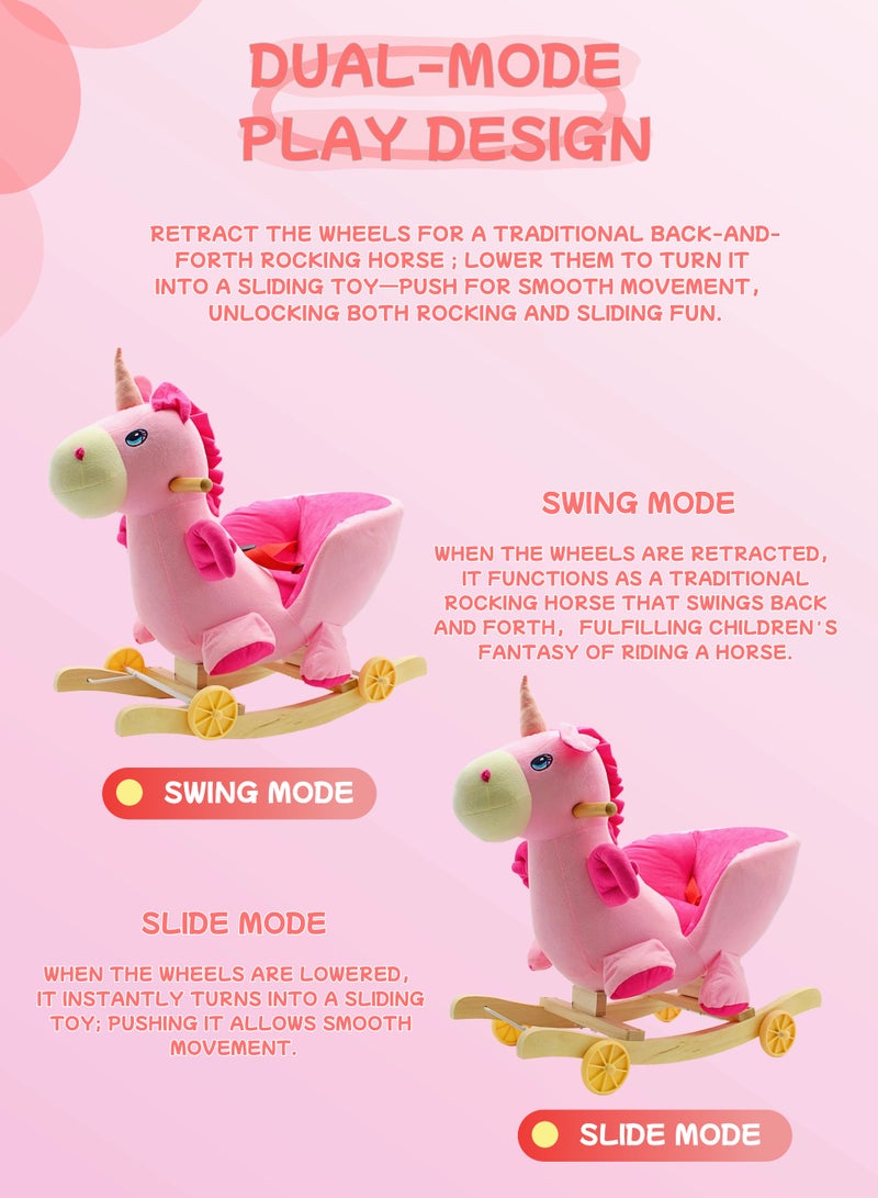 EASY FUTURE Ride-On Rocking Horse Plush Unicorn Rocking Horse with Wheels for Kids 2 in 1 Rocker & Ride-On Slider Toy for Toddlers - Image 3