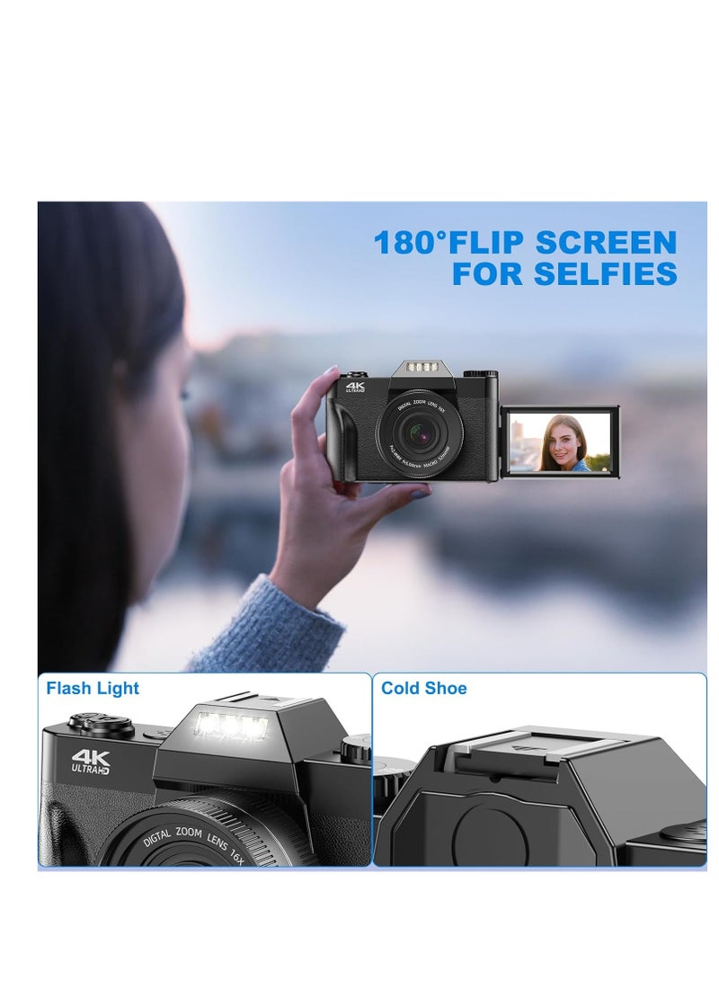75MP 4K Digital Camera for Photography Video 3 Flip Screen Ultra HD Auto Focus Camera for YouTube Vlog, 16X Zoom, 32GB Card, Compact Point  Shoot Camera for Boys, Girls, Teens Beginners  Kids - Image 4