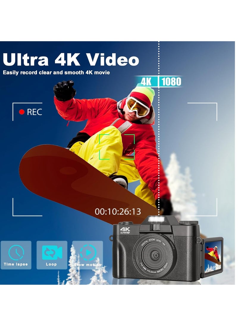 75MP 4K Digital Camera for Photography Video 3 Flip Screen Ultra HD Auto Focus Camera for YouTube Vlog, 16X Zoom, 32GB Card, Compact Point  Shoot Camera for Boys, Girls, Teens Beginners  Kids - Image 2