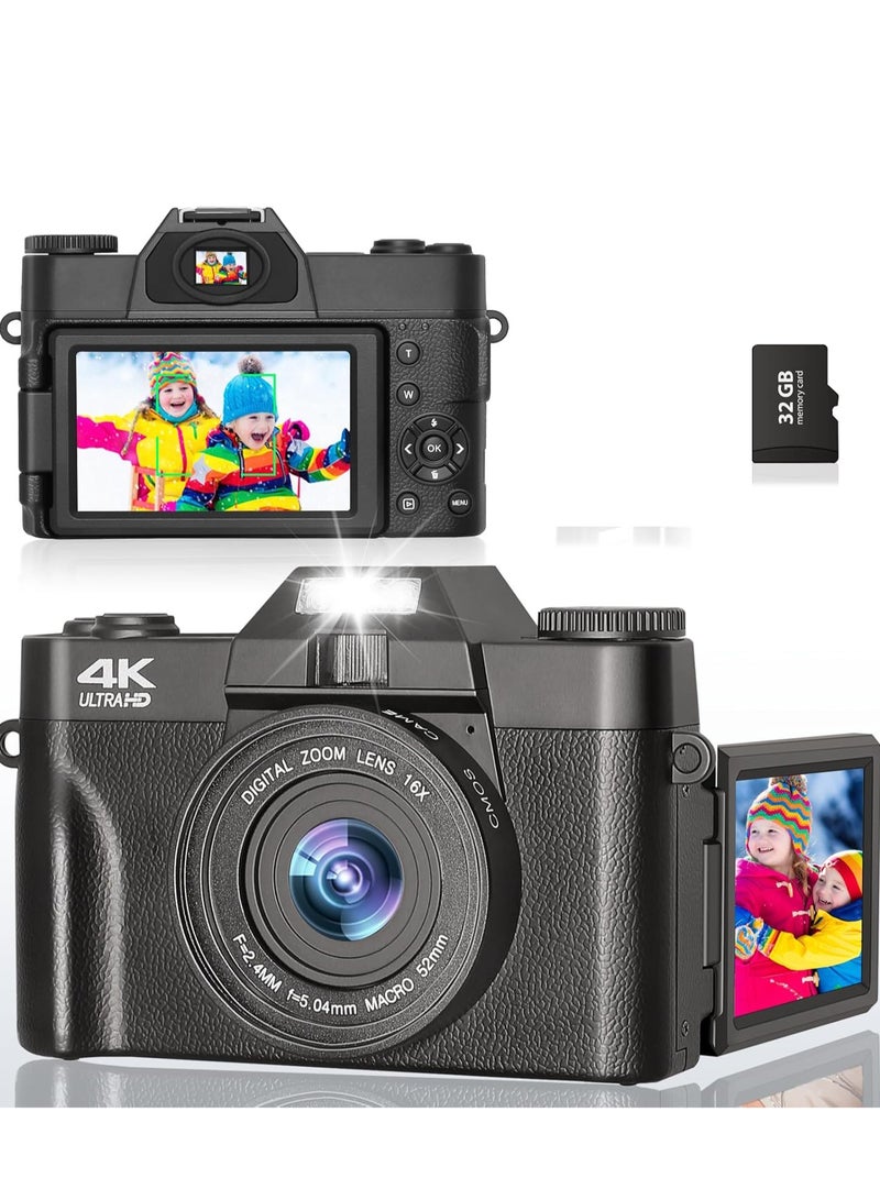 75MP 4K Digital Camera for Photography Video 3 Flip Screen Ultra HD Auto Focus Camera for YouTube Vlog, 16X Zoom, 32GB Card, Compact Point  Shoot Camera for Boys, Girls, Teens Beginners  Kids - Image 1