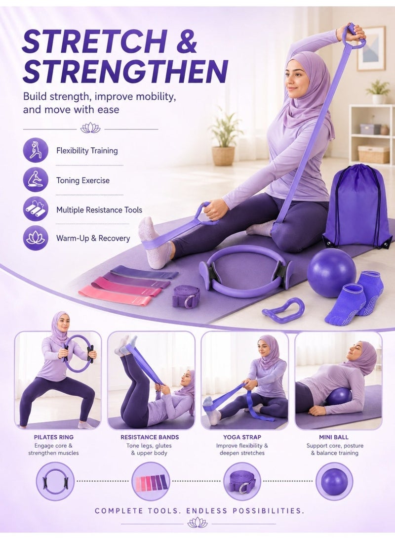 14-Piece Pilates Equipment Set for Women – Foam Roller, Ball, Magic Circle and Straps, Essential for Home Fitness, Purple - Image 5