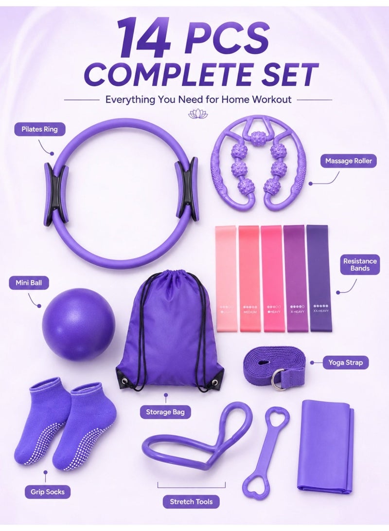 14-Piece Pilates Equipment Set for Women – Foam Roller, Ball, Magic Circle and Straps, Essential for Home Fitness, Purple - Image 3