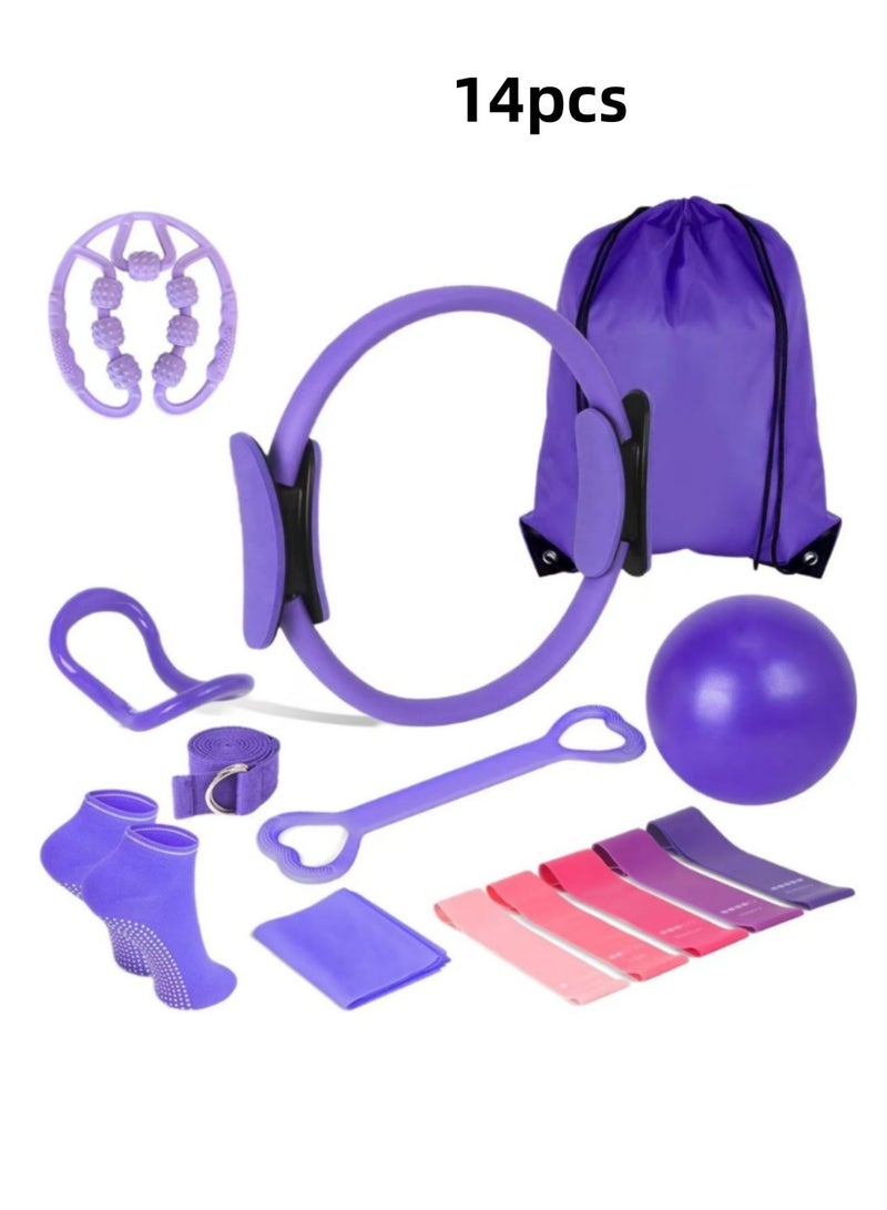 14-Piece Pilates Equipment Set for Women – Foam Roller, Ball, Magic Circle and Straps, Essential for Home Fitness, Purple - Image 1