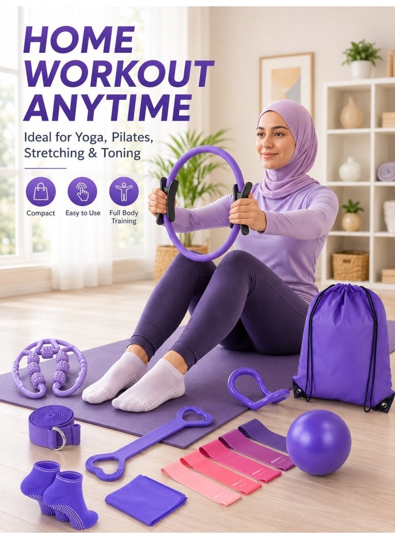 14-Piece Pilates Equipment Set for Women – Foam Roller, Ball, Magic Circle and Straps, Essential for Home Fitness, Purple - Image 4
