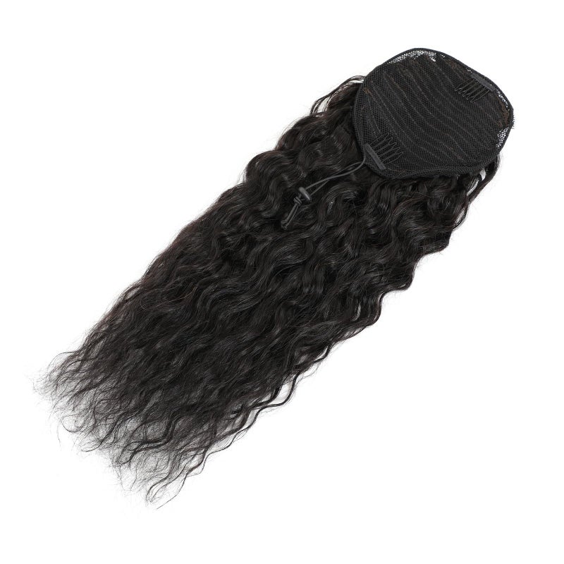 Adette 100% Human Hair Drawstring Ponytail Extension Water Wave in Natural Color 1B Corn Wave Ponytail Clip in Extensions for Black Women (14 Inch) - Image 5