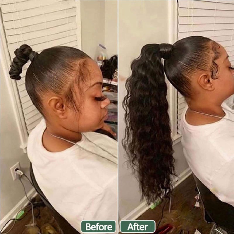 Adette 100% Human Hair Drawstring Ponytail Extension Water Wave in Natural Color 1B Corn Wave Ponytail Clip in Extensions for Black Women (14 Inch) - Image 2