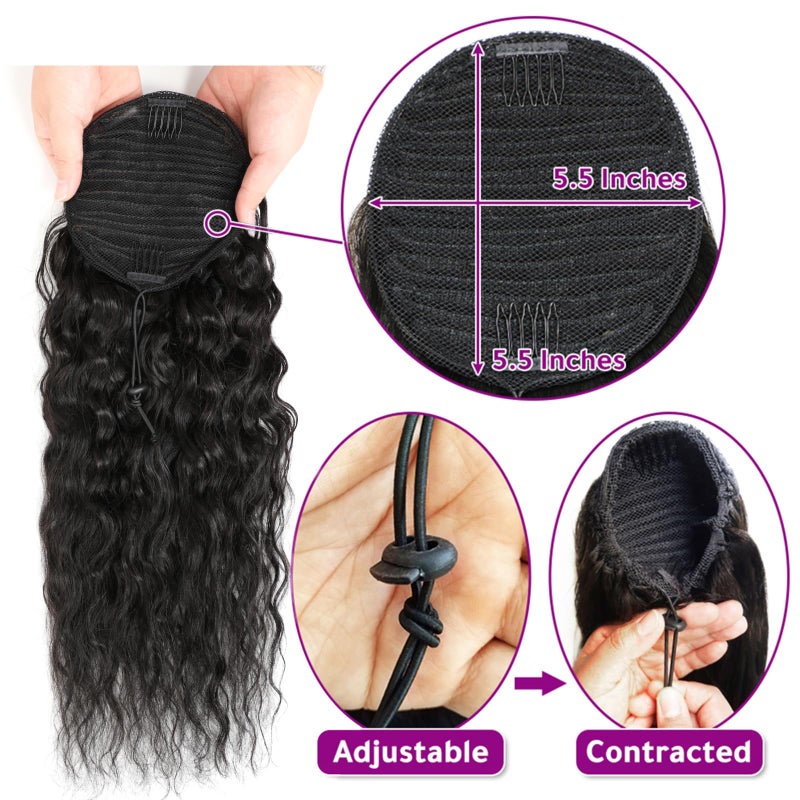 Adette 100% Human Hair Drawstring Ponytail Extension Water Wave in Natural Color 1B Corn Wave Ponytail Clip in Extensions for Black Women (14 Inch) - Image 4