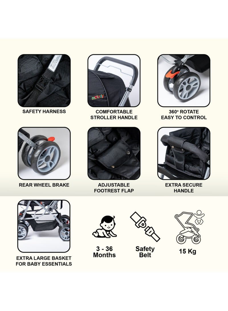 مولودي عربة أطفال مبطنة للغاية بميزات أمان، من 0 إلى 3 سنوات، تصميم مريح للرضع والأطفال الصغار-أسود - Image 4