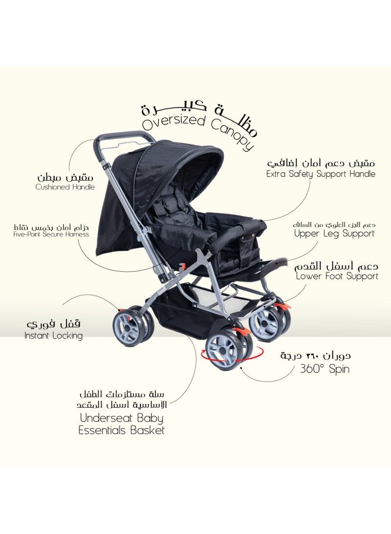 مولودي عربة أطفال مبطنة للغاية بميزات أمان، من 0 إلى 3 سنوات، تصميم مريح للرضع والأطفال الصغار-أسود - Image 5
