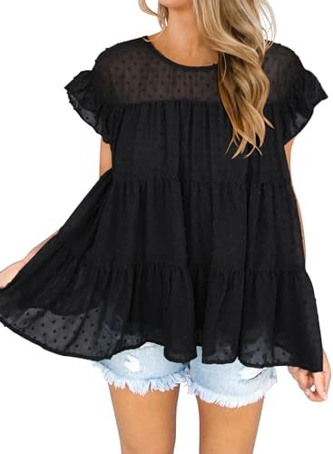 DOROSE Summer Tops for Women 2025 Babydoll Top Swiss Dot Peplum Flowy Shirt Black M - Image 1