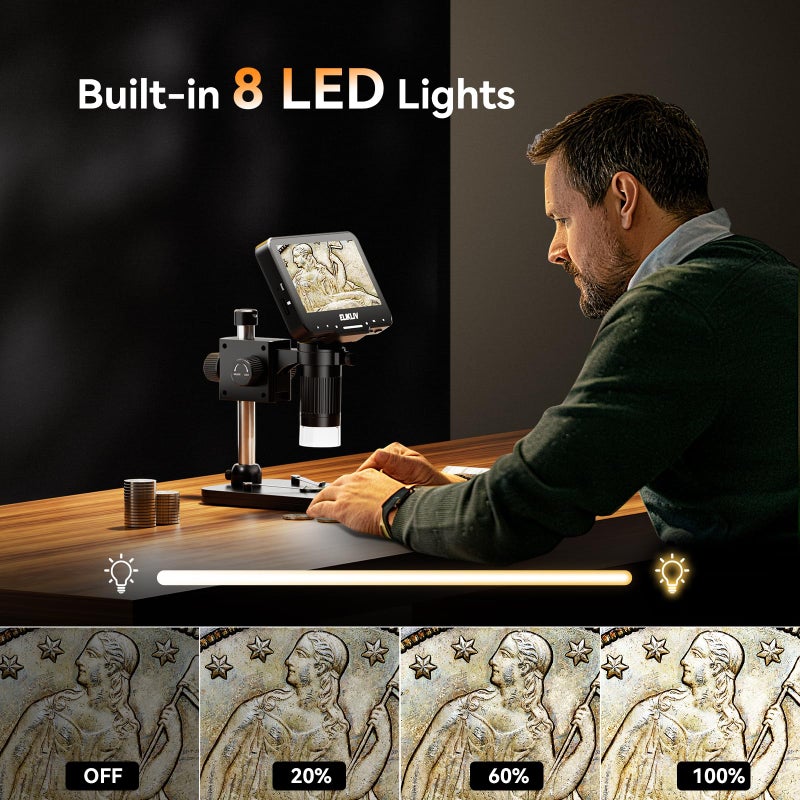 Elikliv Coin Microscope for Adults: 4.3'' LCD Digital Microscope 1000x with 8 Adjustable LED Lights, PC View Compatible with Windows/MacBook, EDM4 Max - Image 2