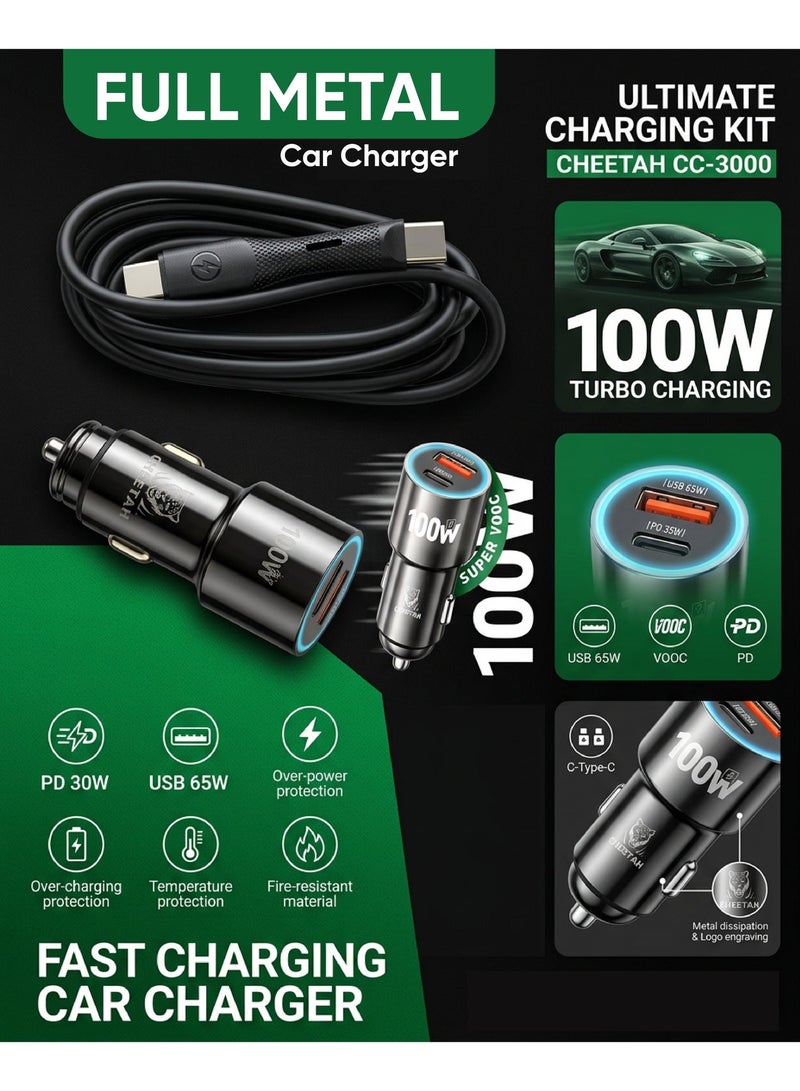 شاحن سيارة معدني بالكامل بقوة 100 واط + كابل من النوع C إلى النوع C | شحن سريع 35 واط + شحن USB 65 واط | شحن فائق السرعة | منفذ مزدوج - Image 1