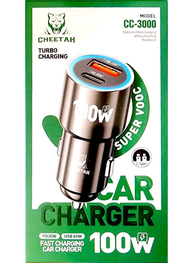 شاحن سيارة معدني بالكامل بقوة 100 واط + كابل من النوع C إلى النوع C | شحن سريع 35 واط + شحن USB 65 واط | شحن فائق السرعة | منفذ مزدوج - Image 3