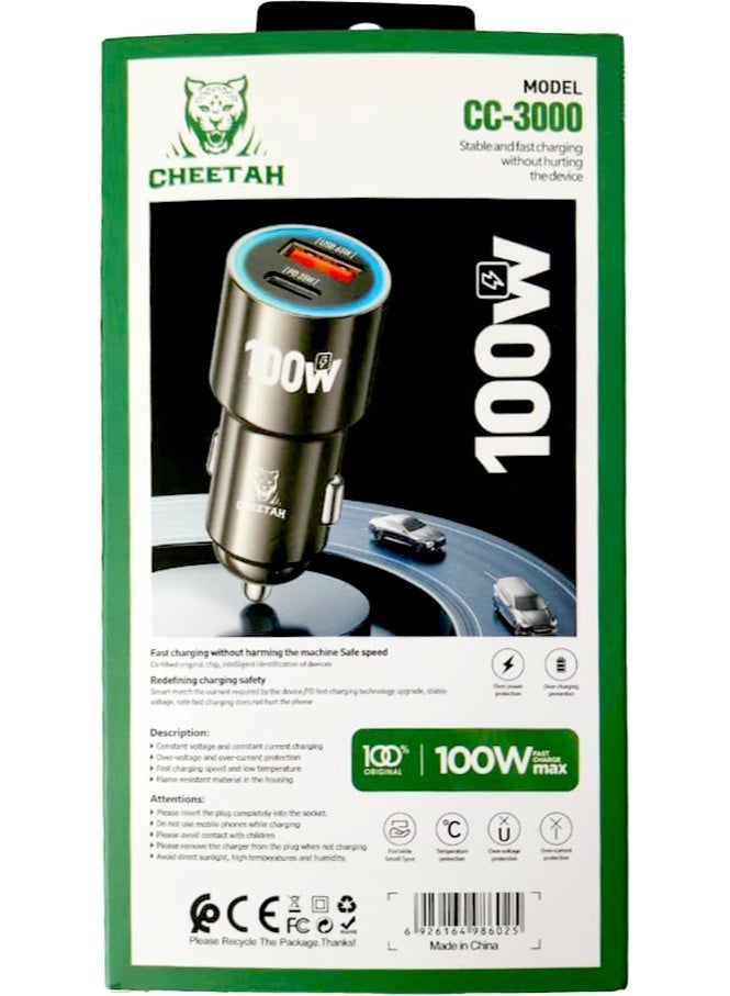 شاحن سيارة معدني بالكامل بقوة 100 واط + كابل من النوع C إلى النوع C | شحن سريع 35 واط + شحن USB 65 واط | شحن فائق السرعة | منفذ مزدوج - Image 4