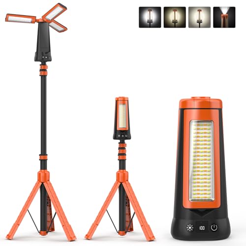 Dimgogo Rechargeable Camping Light with Stand 7ft Max Height, 15000mAh Portable Cordless LED Work Light, 5500 Lumen 6500/4500/3500K Dimmable Emergency Flashlight with Detachable Tripod, Orange - Image 1
