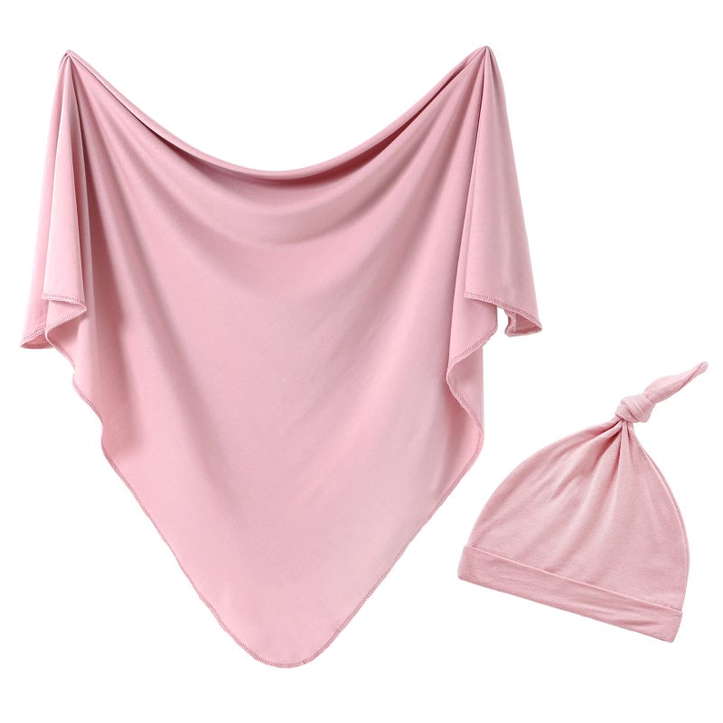 iEvolve Cotton Knitted Baby Swaddle Blanket with Hat Headband Set Newborn Swaddle Wrap Receiving Blankets for Baby Girl Boy 35 x 35(Pink) - Image 1