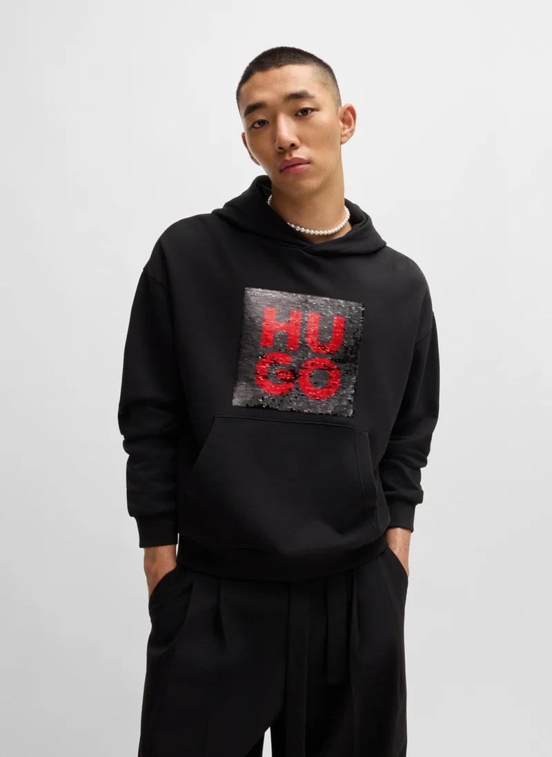 HUGO Relaxed-fit hoodie with brush-up sequinned logo