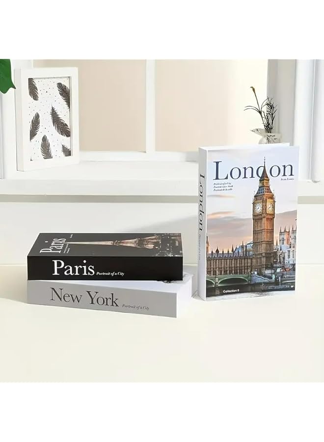 The Bros Decorative Book Storage Box Set, 3 Pieces, Paris London New York Theme, Fashion Coffee Table Decor, White and Black - Image 1