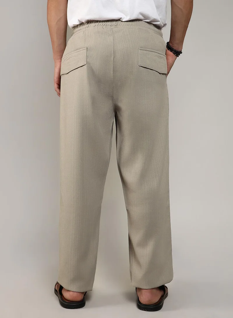 Campus Sutra Men's Greige Tailored Linen-Blend Trousers
