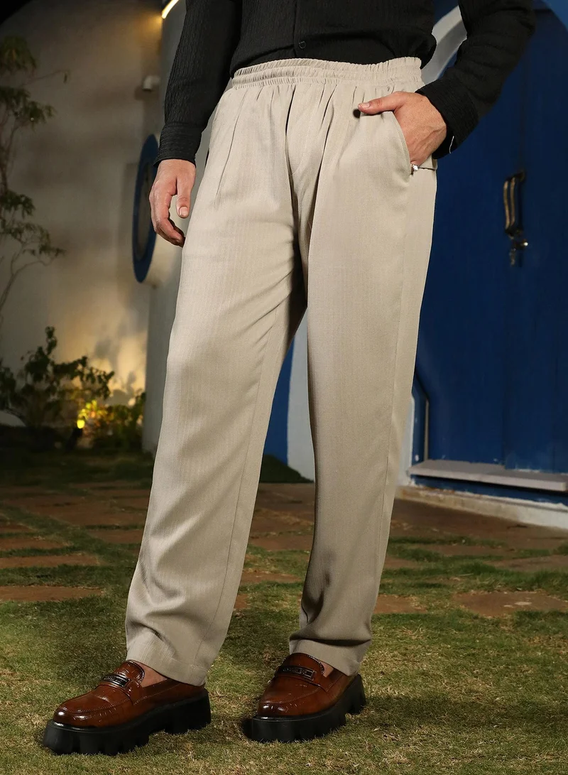 Campus Sutra Men's Greige Tailored Linen-Blend Trousers