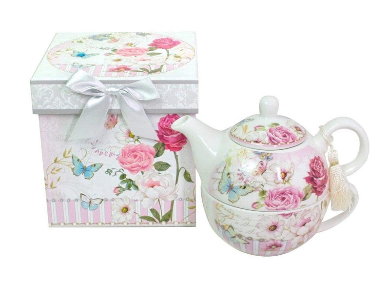 Lightahead Bone China Tea for One Set in Rose Design, in attractive Reusable Handmade Gift Box (With Ribbon) - Image 1