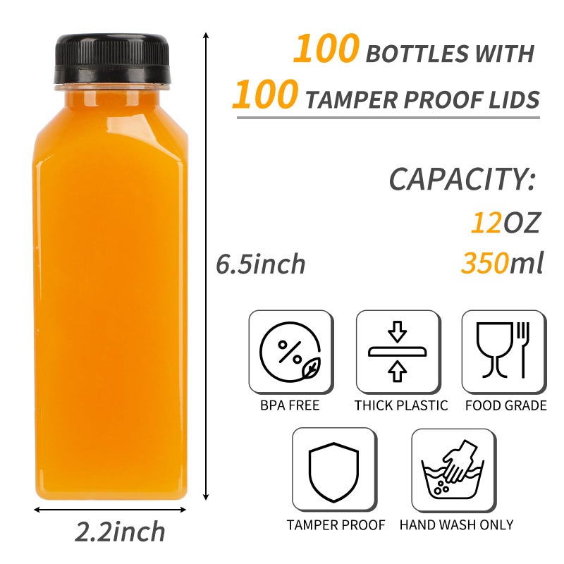 TOMNK 100pcs Juice Bottles, 12oz Plastic Bottles with Caps, Reusable Juice Bottle with Caps Clear Bulk Beverage Containers with Lids, Label, Funnel and Brush for Juicing, Milk, Smoothie and Beverages - Image 2