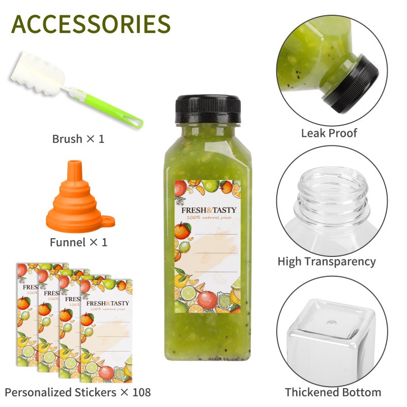 TOMNK 100pcs Juice Bottles, 12oz Plastic Bottles with Caps, Reusable Juice Bottle with Caps Clear Bulk Beverage Containers with Lids, Label, Funnel and Brush for Juicing, Milk, Smoothie and Beverages - Image 3