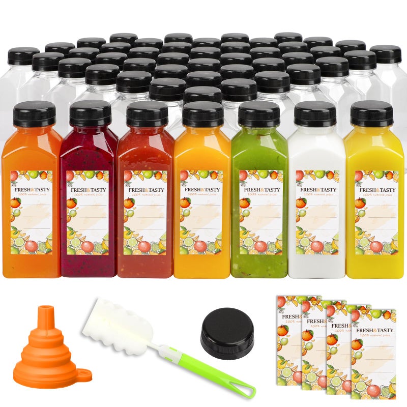 TOMNK 100pcs Juice Bottles, 12oz Plastic Bottles with Caps, Reusable Juice Bottle with Caps Clear Bulk Beverage Containers with Lids, Label, Funnel and Brush for Juicing, Milk, Smoothie and Beverages - Image 1