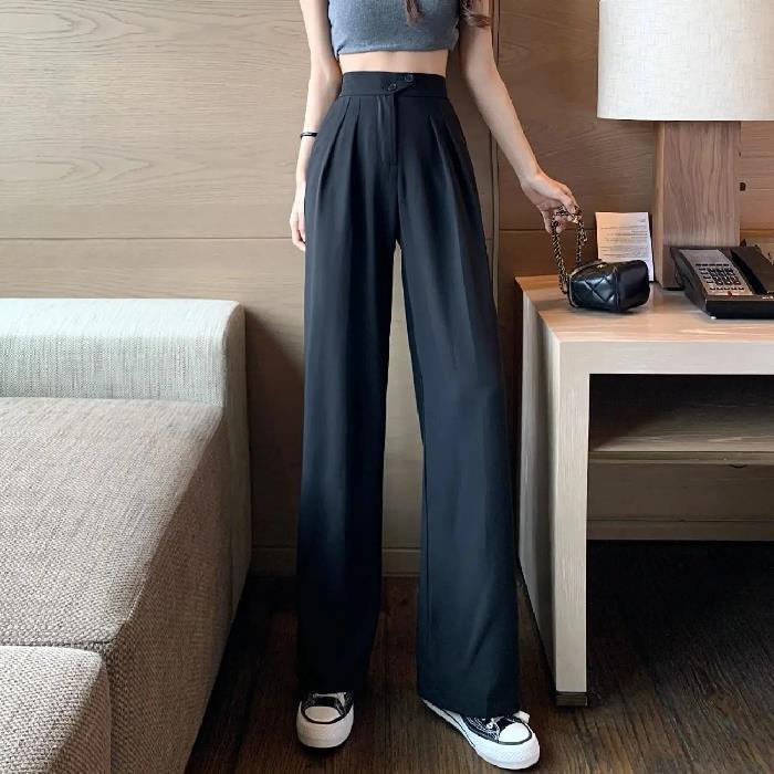 Womens Spring and Summer 2023 New High Waist Belly Covering Slimming Hose Loose Casual Long Pants with Wide Legs Black - Image 1