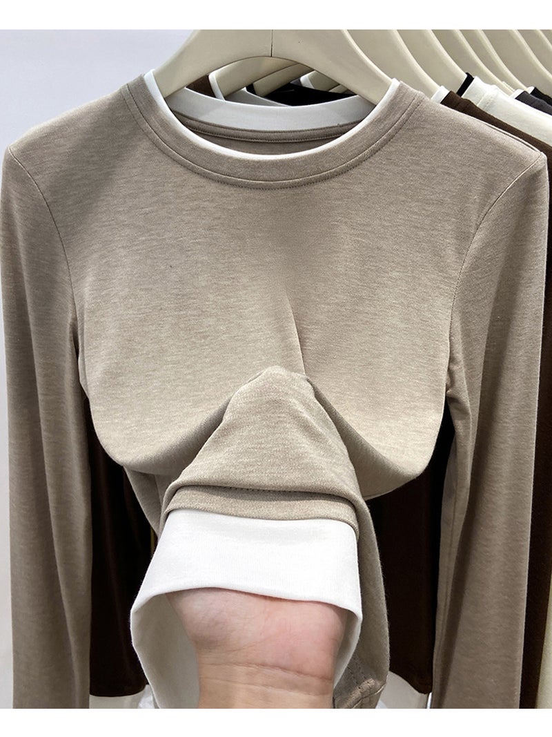 Maillard Design Fake Two-Piece Long-Sleeved T-Shirt Women'S Layered With Contrasting Color Inner Top And Bottoming Shirt - Image 5