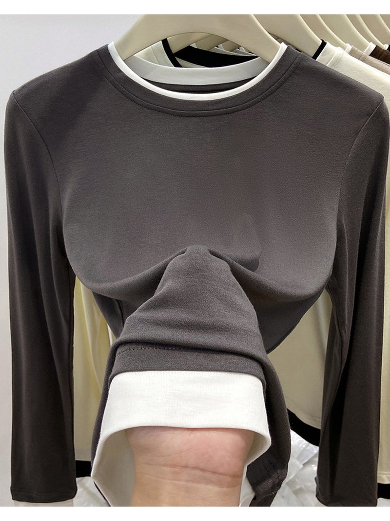 Maillard Design Fake Two-Piece Long-Sleeved T-Shirt Women'S Layered With Contrasting Color Inner Top And Bottoming Shirt - Image 4