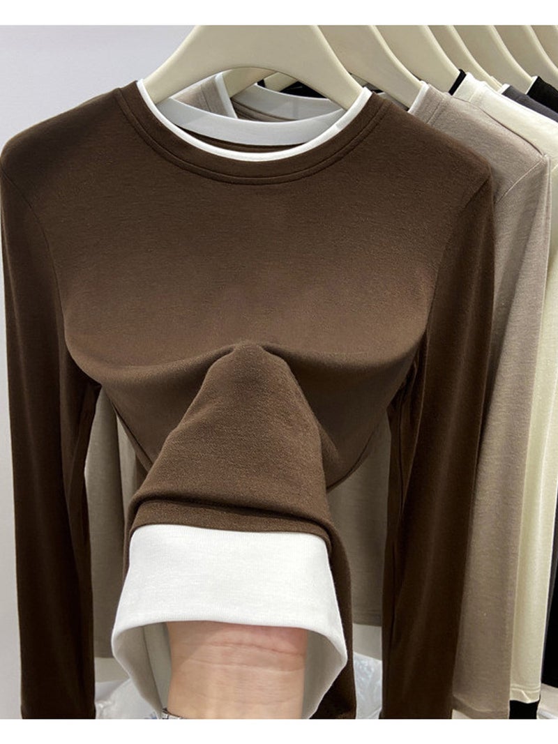 Maillard Design Fake Two-Piece Long-Sleeved T-Shirt Women'S Layered With Contrasting Color Inner Top And Bottoming Shirt - Image 2