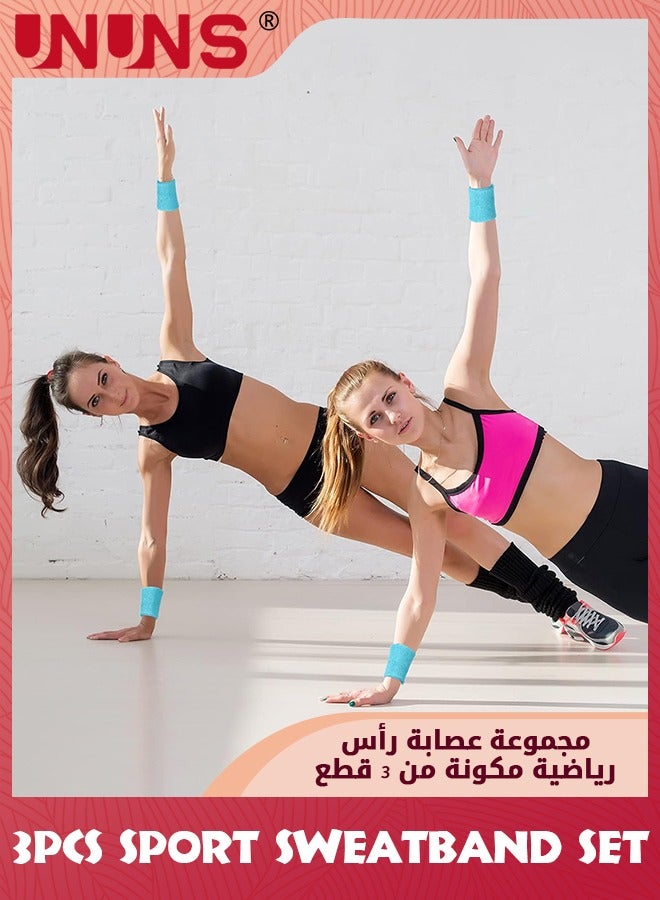 UNUNS 3 Pieces Sweatband Set-1 Sports Headband And 2 Wrist Sweatbands,Moisture Wicking Sweat Absorbing Bands,Elastic Athletic Sweatband For Exercise Tennis Basketball Running,Blue - Image 5