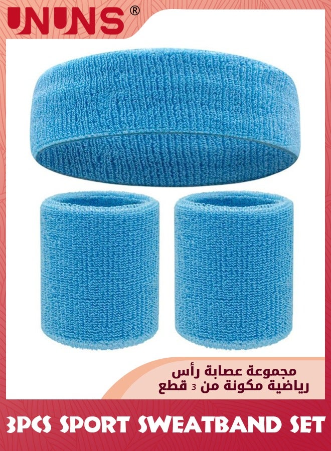 UNUNS 3 Pieces Sweatband Set-1 Sports Headband And 2 Wrist Sweatbands,Moisture Wicking Sweat Absorbing Bands,Elastic Athletic Sweatband For Exercise Tennis Basketball Running,Blue - Image 1