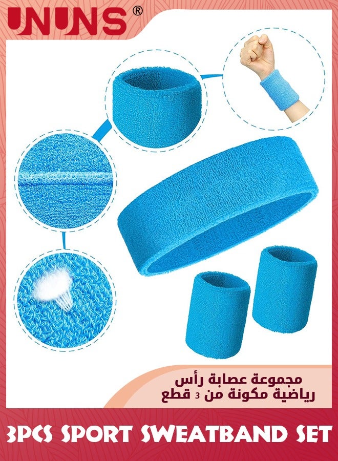 UNUNS 3 Pieces Sweatband Set-1 Sports Headband And 2 Wrist Sweatbands,Moisture Wicking Sweat Absorbing Bands,Elastic Athletic Sweatband For Exercise Tennis Basketball Running,Blue - Image 2