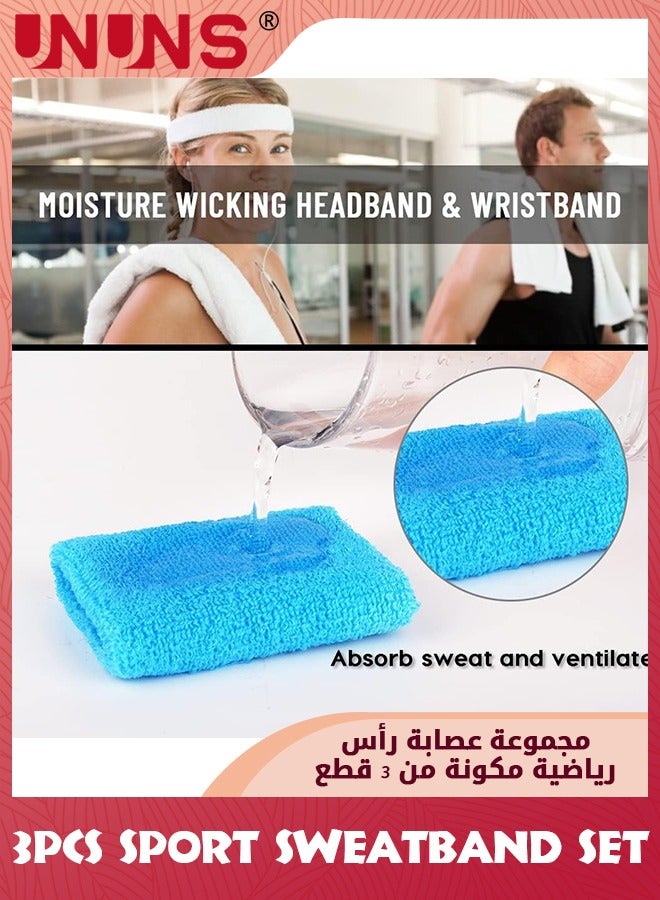 UNUNS 3 Pieces Sweatband Set-1 Sports Headband And 2 Wrist Sweatbands,Moisture Wicking Sweat Absorbing Bands,Elastic Athletic Sweatband For Exercise Tennis Basketball Running,Blue - Image 3
