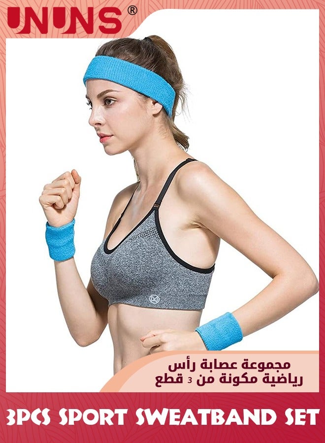 UNUNS 3 Pieces Sweatband Set-1 Sports Headband And 2 Wrist Sweatbands,Moisture Wicking Sweat Absorbing Bands,Elastic Athletic Sweatband For Exercise Tennis Basketball Running,Blue - Image 4
