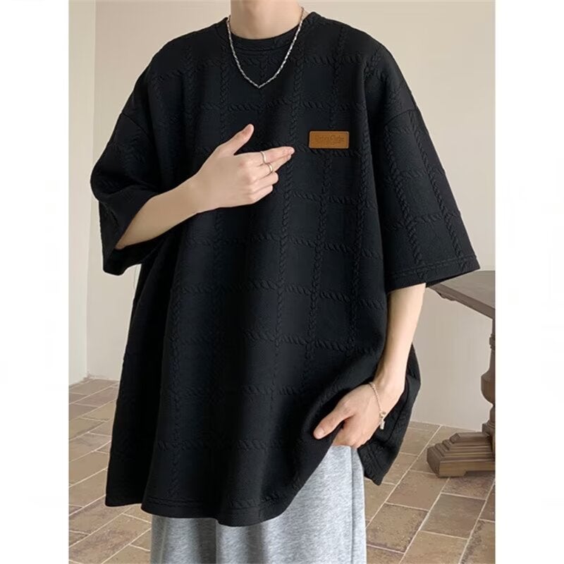 Jacquard Short-Sleeved T-Shirt Men'S Summer Round Neck Heavy Loose American-Style Trendy All-Match Casual T-Shirt - Image 4