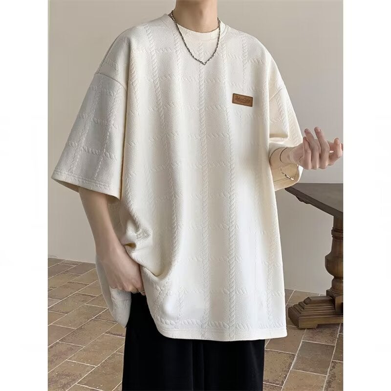 Jacquard Short-Sleeved T-Shirt Men'S Summer Round Neck Heavy Loose American-Style Trendy All-Match Casual T-Shirt - Image 5