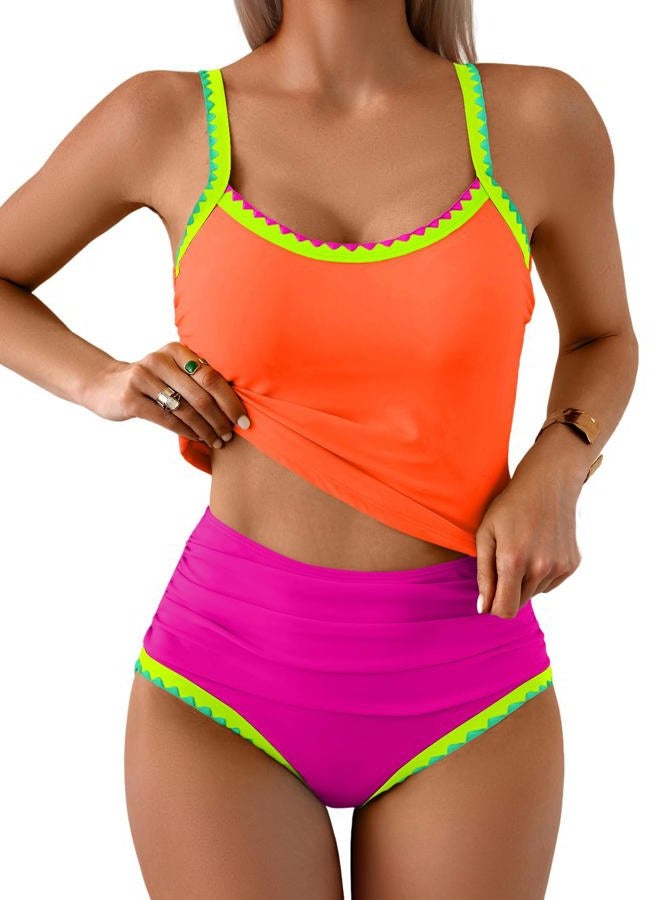 Eomenie Tankini Swimsuit for Women Tummy Control Ruched Two Piece Bathing Suits High Waisted Shell Stitch Swimwear, Orange&hot Pink, XL - Image 1