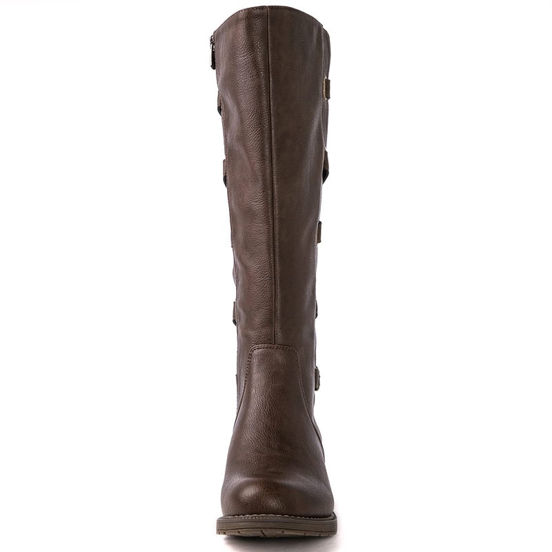 GLOBALWIN Women's Brown Quilted Knit Knee High Fashion Boots Strappy Boots For Women 8M - Image 4