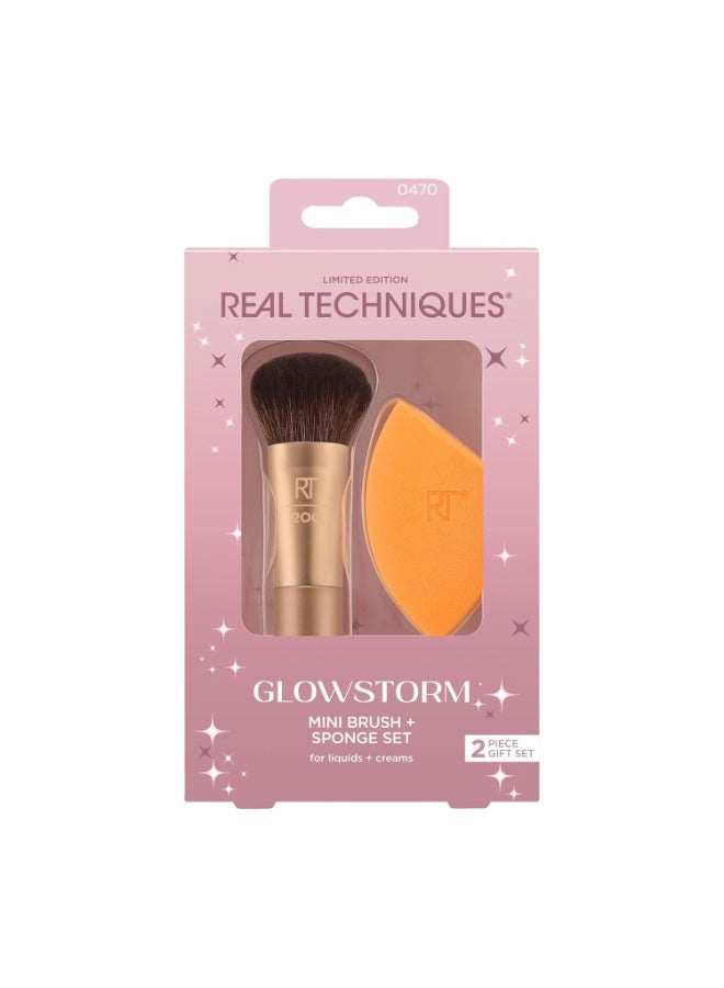 Real Techniques Glowstorm Mini Brush + Sponge Set 2 Piece Limited Edition Gift Set Orange - Image 1