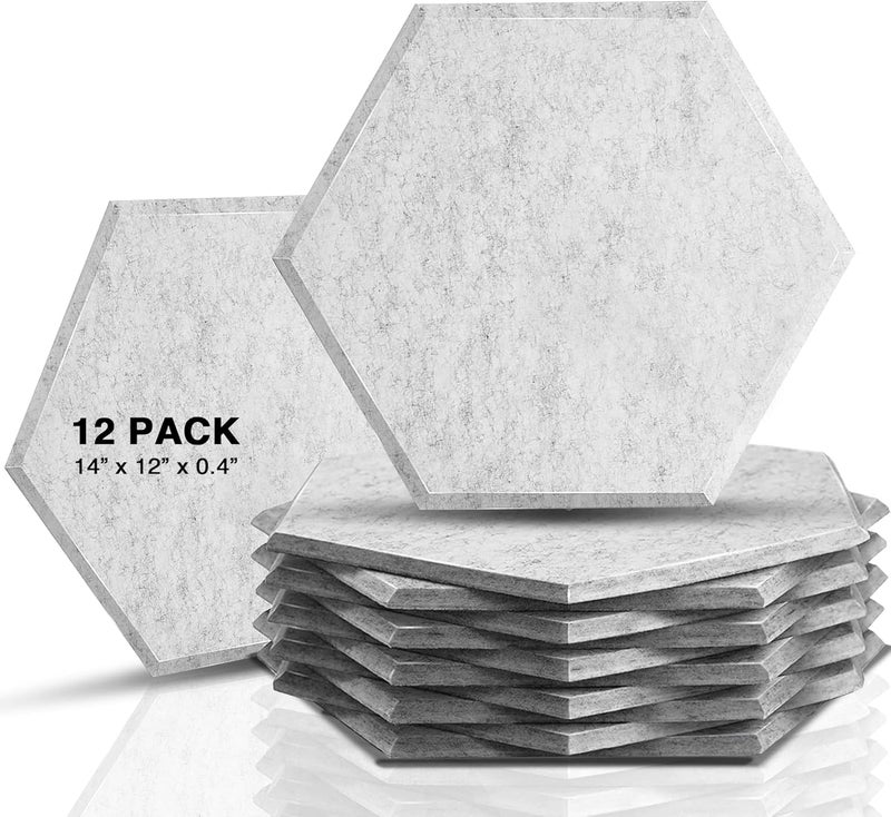 Sonic Acoustics حزمة من 12 لوحة صوتية هكسائية من ، مقاسات 14" × 12" × 0.4"، عالية الكثافة، تمتص الصوت، عازلة للصوت، بحواف مائلة، للاستخدام في الاستوديوهات، لون رمادي فضي - Image 1