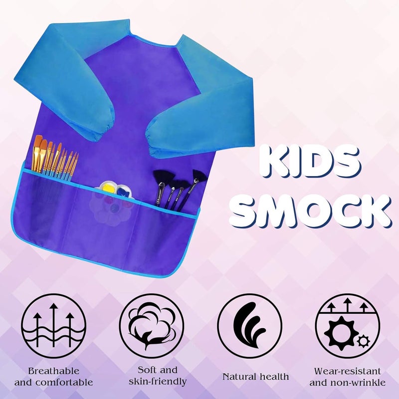 Bassion 2 Pack Kids Art Smock, Toddlers Painting Aprons Colorful Waterproof Artist Smock with Long Sleeve 3 Roomy Pockets - Image 3