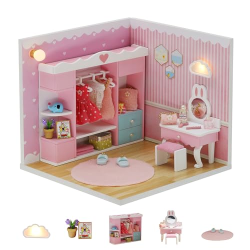 Kisoy Dollhouse Miniature with Furniture Kit DIY 3D Wooden DIY House Kit A Corner of a Small Apartment Style with Dust Cover LEDHandmade Tiny House Toys for Adults GiftCloak Room - Image 1