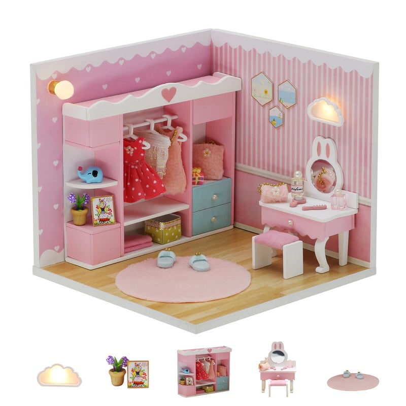 Kisoy Dollhouse Miniature with Furniture Kit DIY 3D Wooden DIY House Kit A Corner of a Small Apartment Style with Dust Cover LEDHandmade Tiny House Toys for Adults GiftCloak Room - Image 3