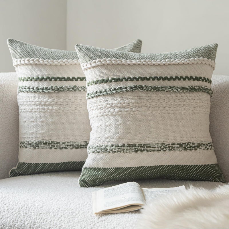 Cethom Boho Throw Pillow Covers 20x20 Inch Set of 2, Green Textured Decorative Couch Pillow Cases for Farmhouse Home Decor, Accent Cushion Cover for Sofa, Bed, Living Room, Bedroom - Image 1