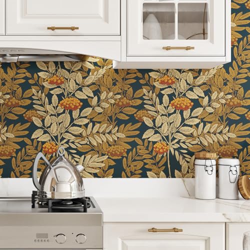 Wallercity Vintage Floral Peel and Stick Wallpaper Boho Self Adhesive Wall Paper for Bedroom Bathroom Vinyl Retro Brown Leaf Contact Paper for Countertops Table Wall Covering Shelf Liner 17.5''x102'' - Image 5