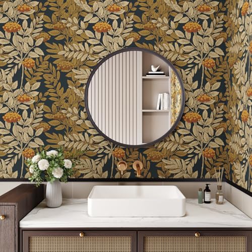 Wallercity Vintage Floral Peel and Stick Wallpaper Boho Self Adhesive Wall Paper for Bedroom Bathroom Vinyl Retro Brown Leaf Contact Paper for Countertops Table Wall Covering Shelf Liner 17.5''x102'' - Image 4
